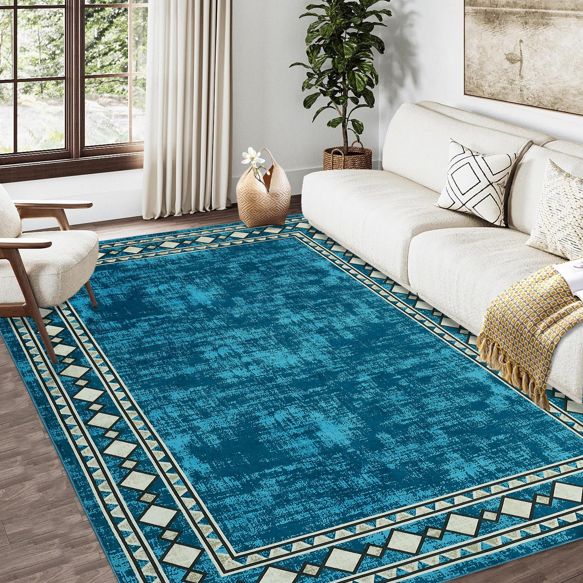 Garvee Washable Area Rug 4x6 Vintage Bordered Carpet, Non-Slip Low Pile Soft Floor Rug for Living Room Bedroom Dining Room, Stain Resistant, Blue