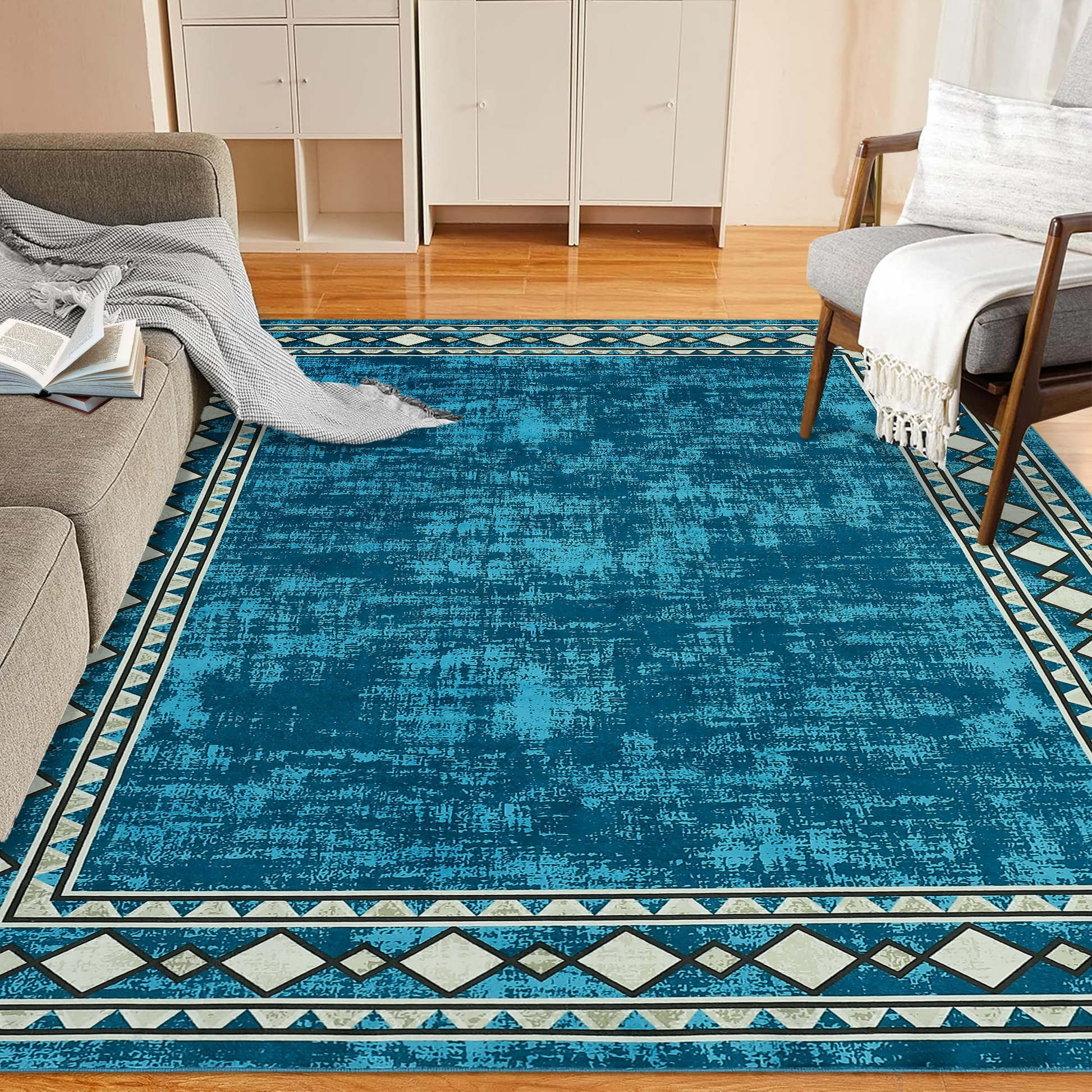 Garvee Washable Area Rug 4x6 Vintage Bordered Carpet, Non-Slip Low Pile Soft Floor Rug for Living Room Bedroom Dining Room, Stain Resistant, Blue