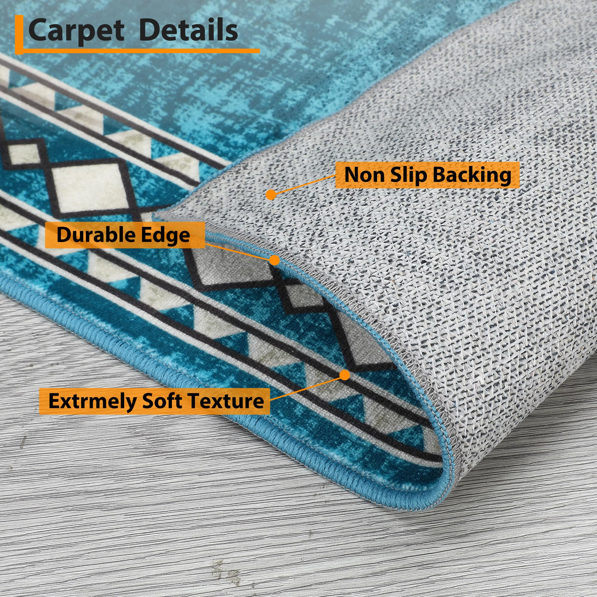 Garvee Washable Area Rug 4x6 Vintage Bordered Carpet, Non-Slip Low Pile Soft Floor Rug for Living Room Bedroom Dining Room, Stain Resistant, Blue