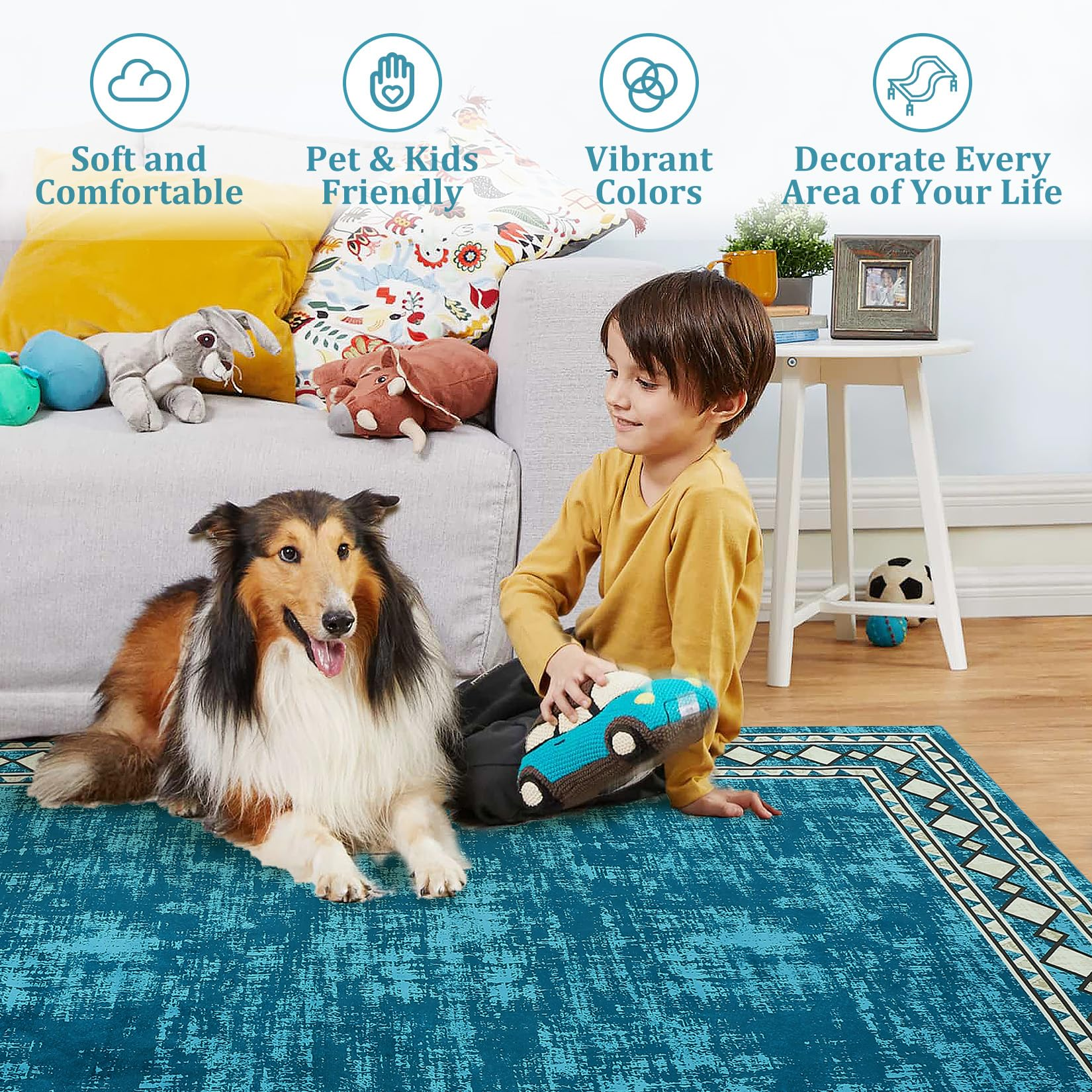 Garvee Washable Area Rug 4x6 Vintage Bordered Carpet, Non-Slip Low Pile Soft Floor Rug for Living Room Bedroom Dining Room, Stain Resistant, Blue