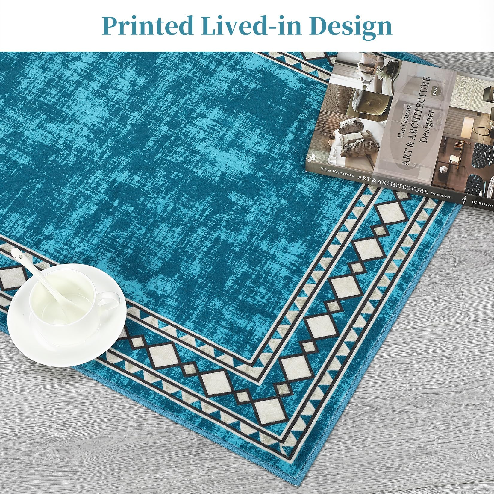 Garvee Washable Area Rug 4x6 Vintage Bordered Carpet, Non-Slip Low Pile Soft Floor Rug for Living Room Bedroom Dining Room, Stain Resistant, Blue