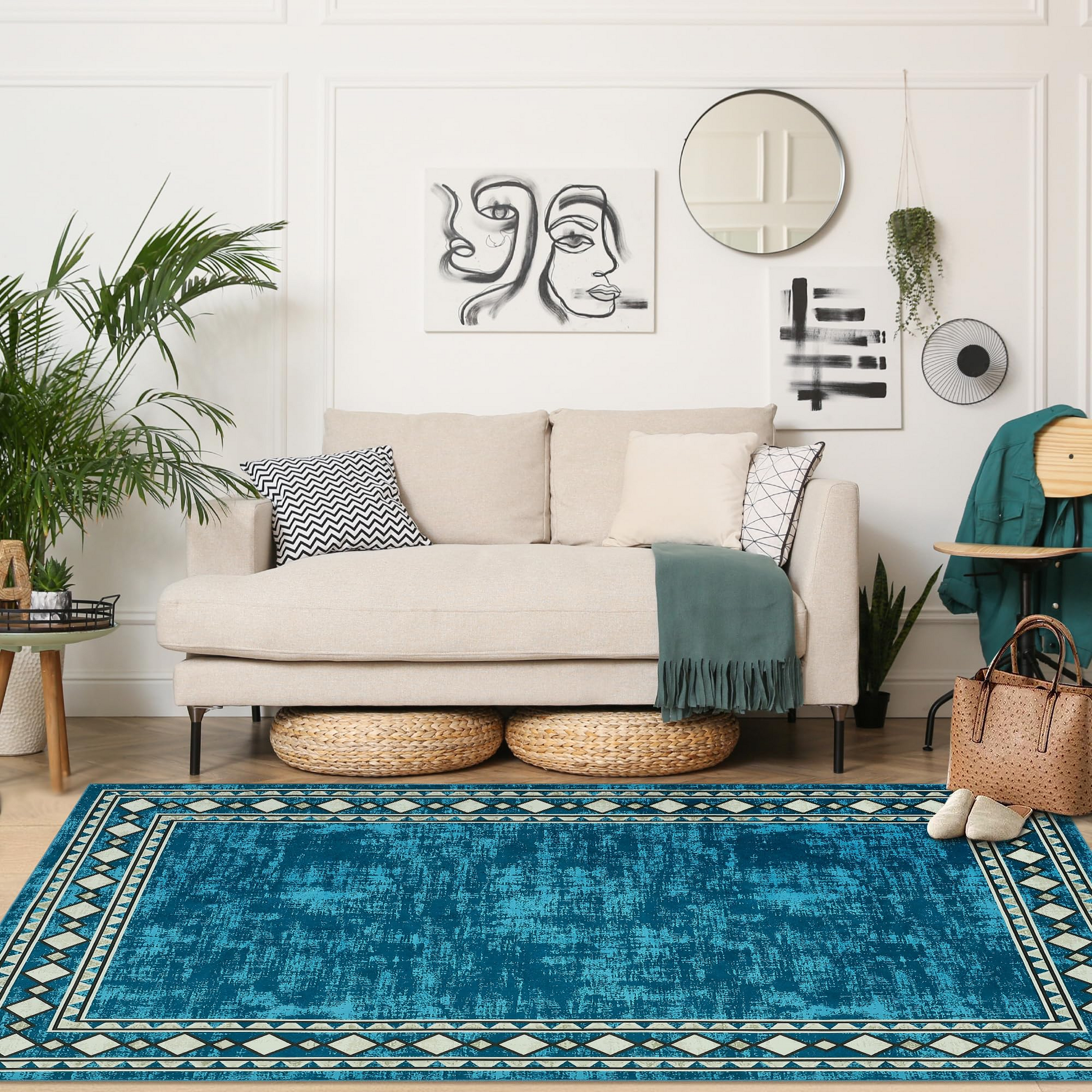 Garvee Washable Area Rug 4x6 Vintage Bordered Carpet, Non-Slip Low Pile Soft Floor Rug for Living Room Bedroom Dining Room, Stain Resistant, Blue