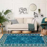 Garvee Washable Area Rug 4x6 Vintage Bordered Carpet, Non-Slip Low Pile Soft Floor Rug for Living Room Bedroom Dining Room, Stain Resistant, Blue