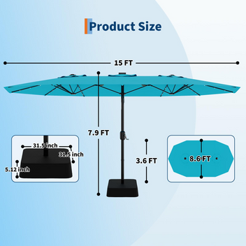 Garvee 15' Solar-Powered Patio Umbrella with 36 LED Lights, Double-Sided Design & Cross Base for Poolside, Deck, Backyard, Turquois