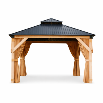 Garvee 10 × 10 ft Hardtop Gazebo, Cedar Wood Outdoor Gazebo with Double Galvanized Steel Roof, Mosquito Net & Curtains for Patio, Backyard and Garden