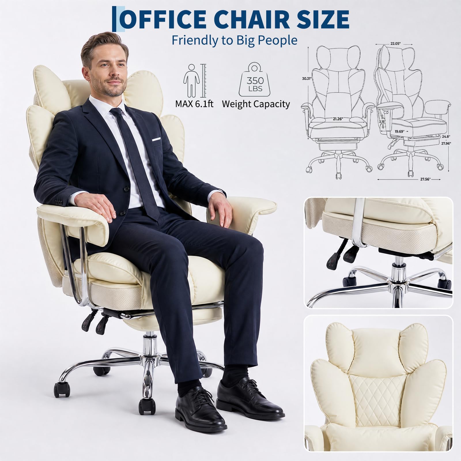 Garvee Big and Tall Ergonomic Office Chair – 350LBS Heavy Duty, Pocket Spring Cushion, 150° Recline, Adjustable Armrests, Footrest, PU Leather, Lumbar Support – Executive Desk Chair for Home Office – Milky Coffee