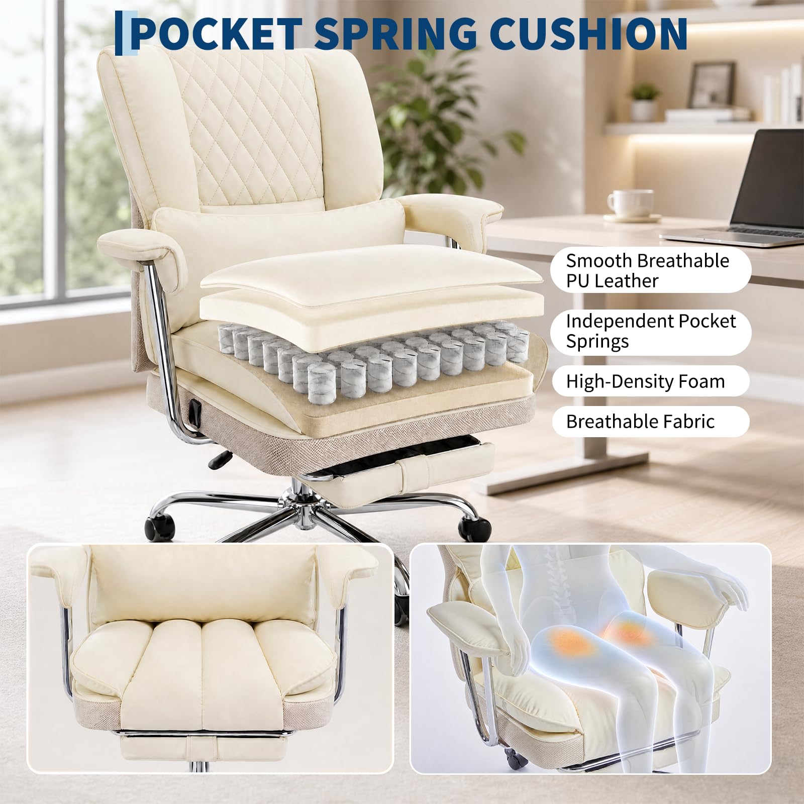 Garvee Big and Tall Ergonomic Office Chair – 350LBS Heavy Duty, Pocket Spring Cushion, 150° Recline, Adjustable Armrests, Footrest, PU Leather, Lumbar Support – Executive Desk Chair for Home Office – Milky Coffee