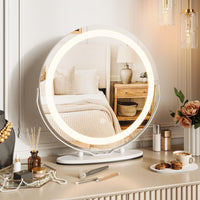 Garvee 19" Vanity Mirror with Led Lights, Large Round Makeup Mirror with Touch Control and 3 Color Lighting Modes, 360° Rotating Vanity Mirror for Bedroom, Table Top, Easy to Install, White