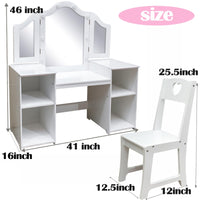 Garvee Kids Vanity Table, Girls 2 in 1 Princess Makeup Desk with Touch Light Detachable Tri-Folding Mirror, Open Storage Shelves, Wood Makeup Playset with Chair, Princess Vanity Table for Little Girls