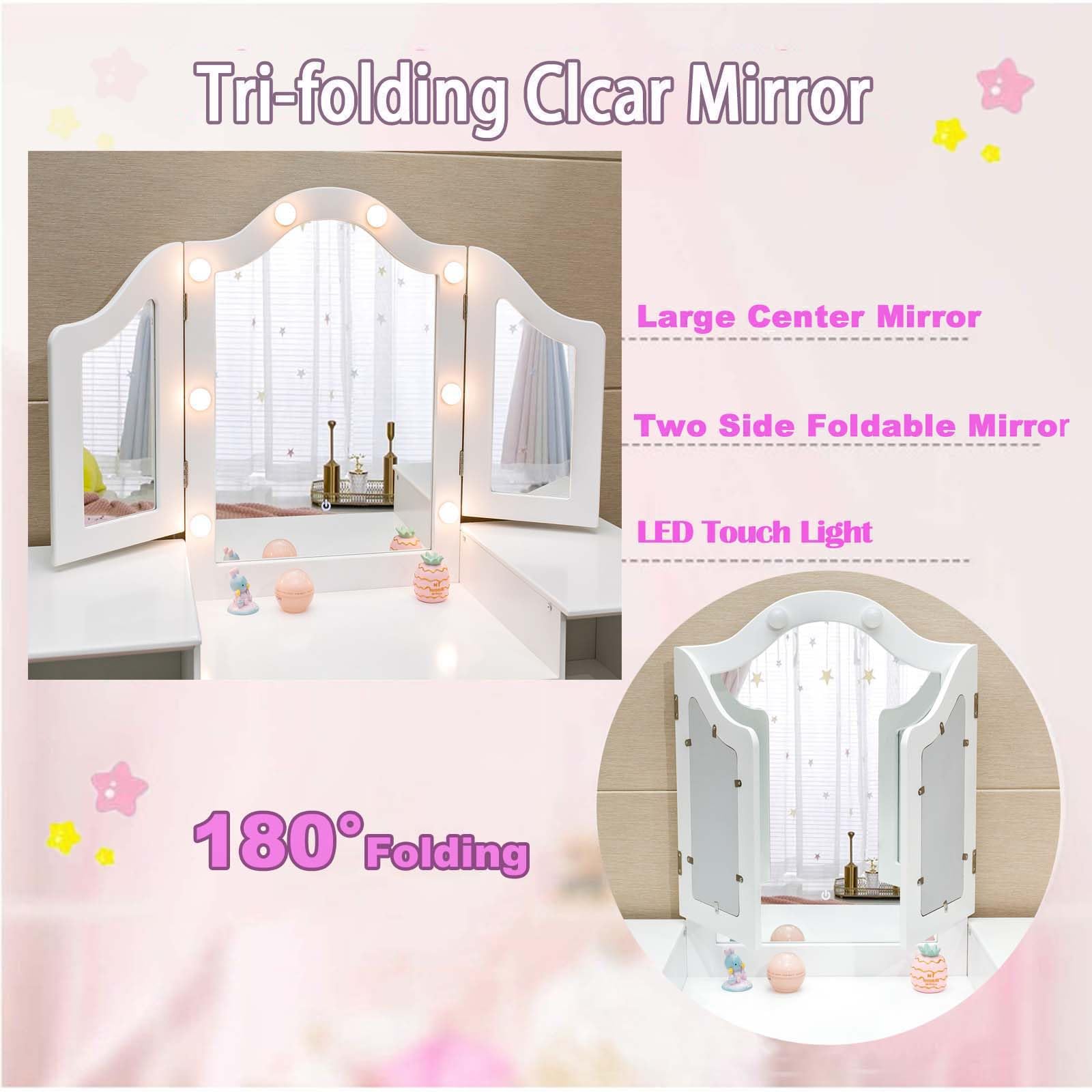Garvee Kids Vanity Table, Girls 2 in 1 Princess Makeup Desk with Touch Light Detachable Tri-Folding Mirror, Open Storage Shelves, Wood Makeup Playset with Chair, Princess Vanity Table for Little Girls