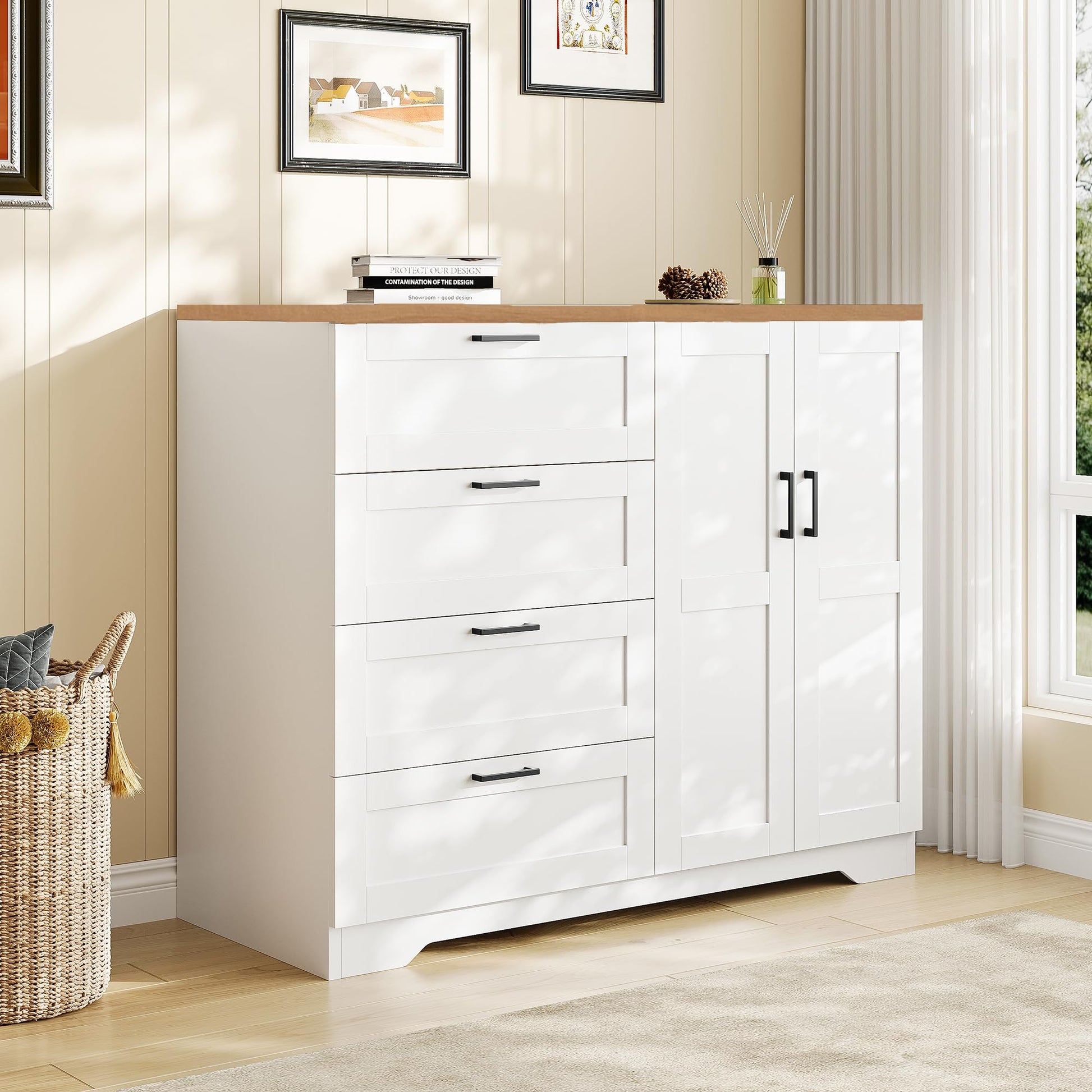 Garvee Multifunctional Wooden Dresser for Bedroom, 43.3'' H 2 Door Wardrobe Armoire Closet with 4 Drawers and Hanging Rod, Low Storage Cabinet for Hanging Cloth, White and Brown