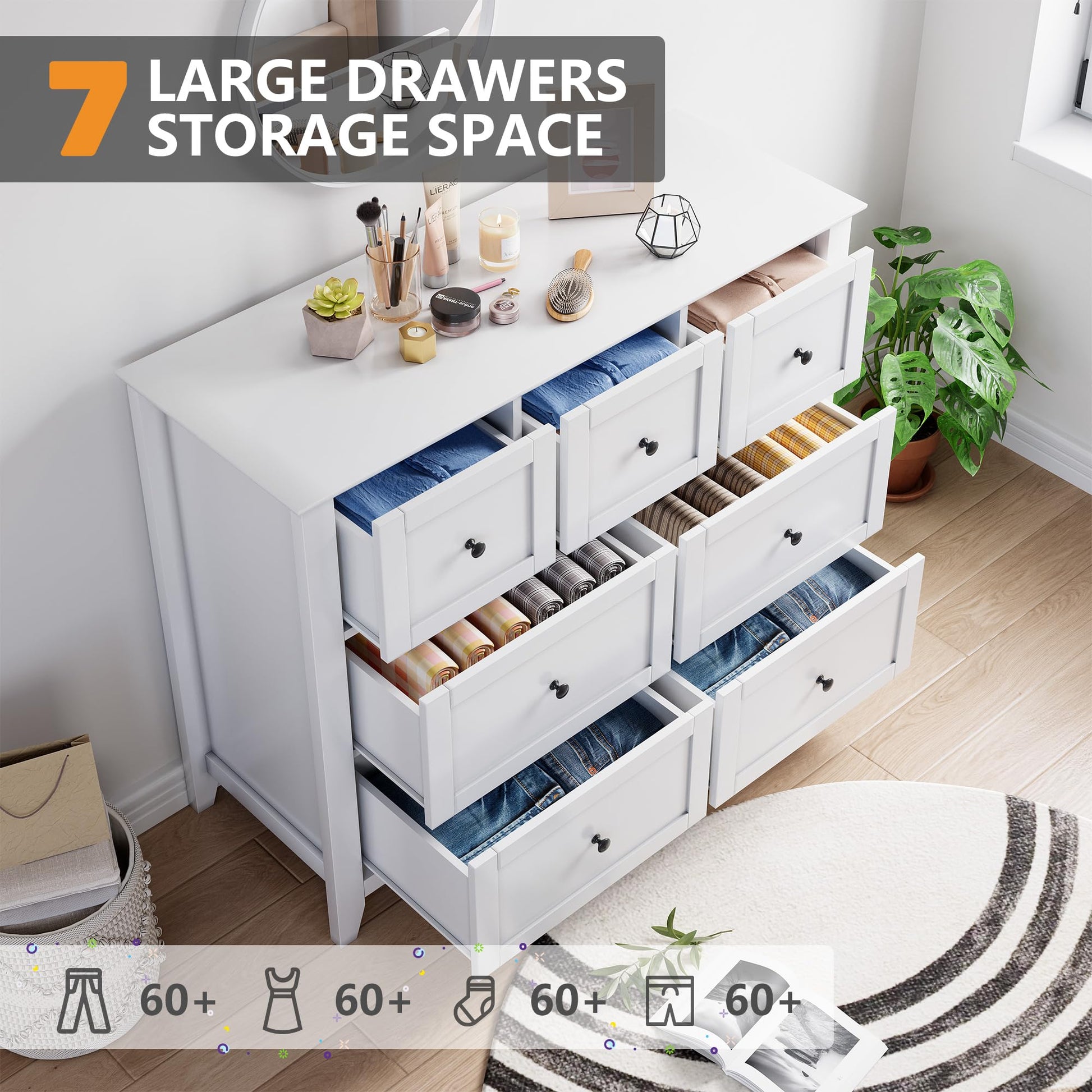 Garvee White 7 Chest of Drawer Dresser, Modern and Stylish Dresser, Deep Drawers and Nickel Round Handle, Wood Organizer Dresser With Ample Storage Space for Bedroom, Living Room, Entryway