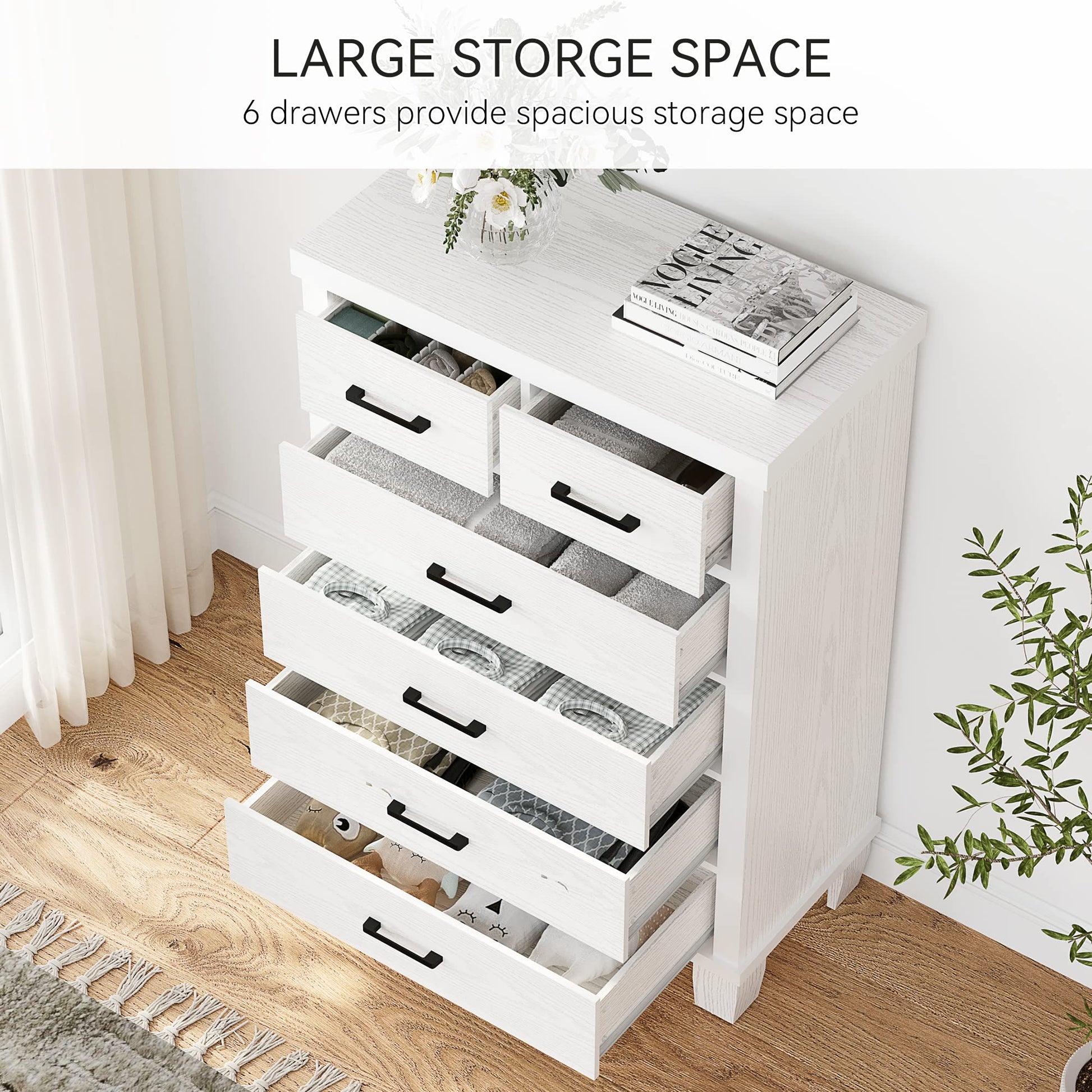Garvee 6 Drawer Dresser with Metal Handles, White Chest of Drawers Closet Organizers and Storage Clothes, Wood Drawer Dresser for Closet, Living Room, Hallway, Kids Room - White