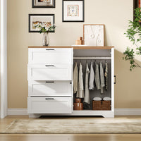 Garvee Multifunctional Wooden Dresser for Bedroom, 43.3'' H 2 Door Wardrobe Armoire Closet with 4 Drawers and Hanging Rod, Low Storage Cabinet for Hanging Cloth, White and Brown
