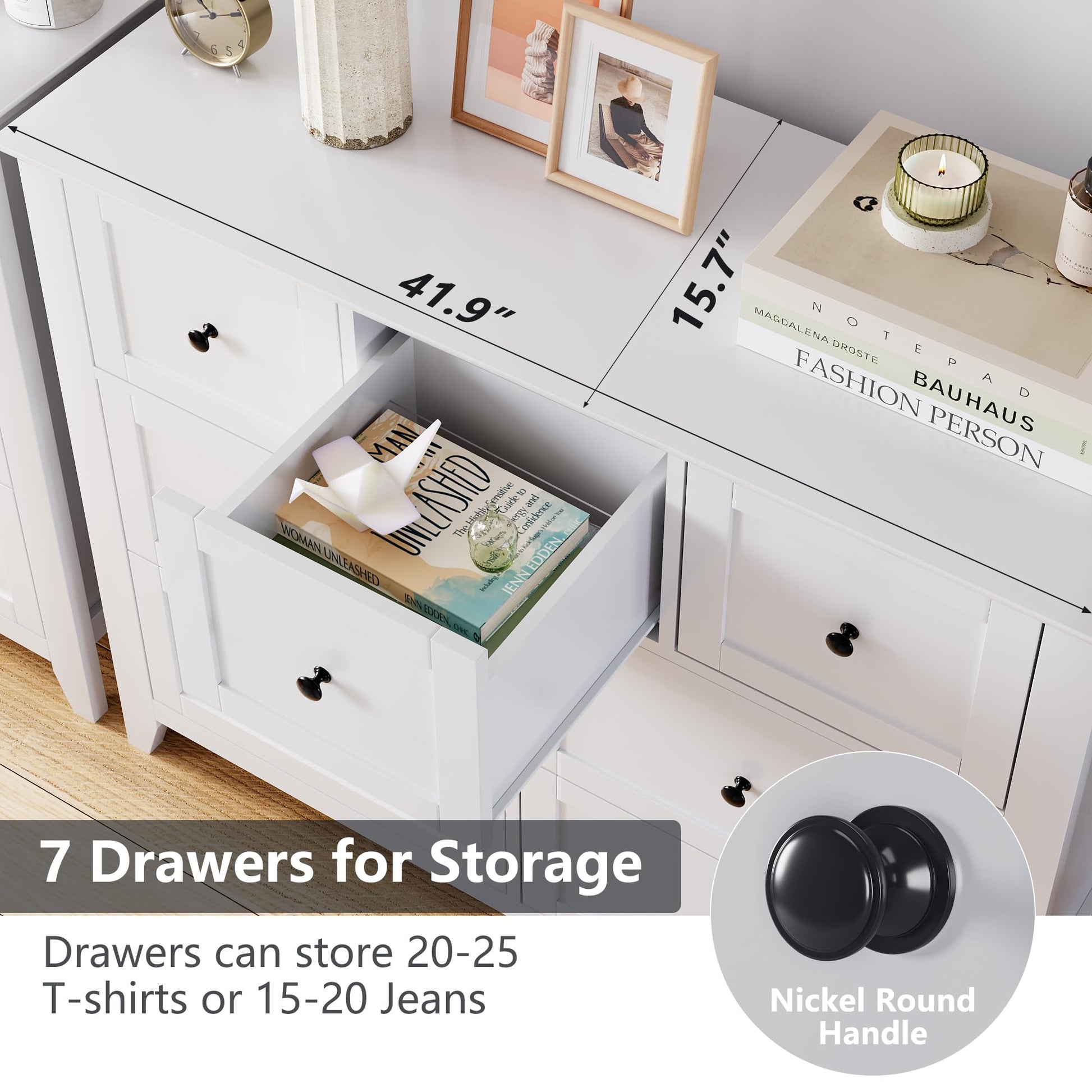 Garvee White 7 Chest of Drawer Dresser, Modern and Stylish Dresser, Deep Drawers and Nickel Round Handle, Wood Organizer Dresser With Ample Storage Space for Bedroom, Living Room, Entryway