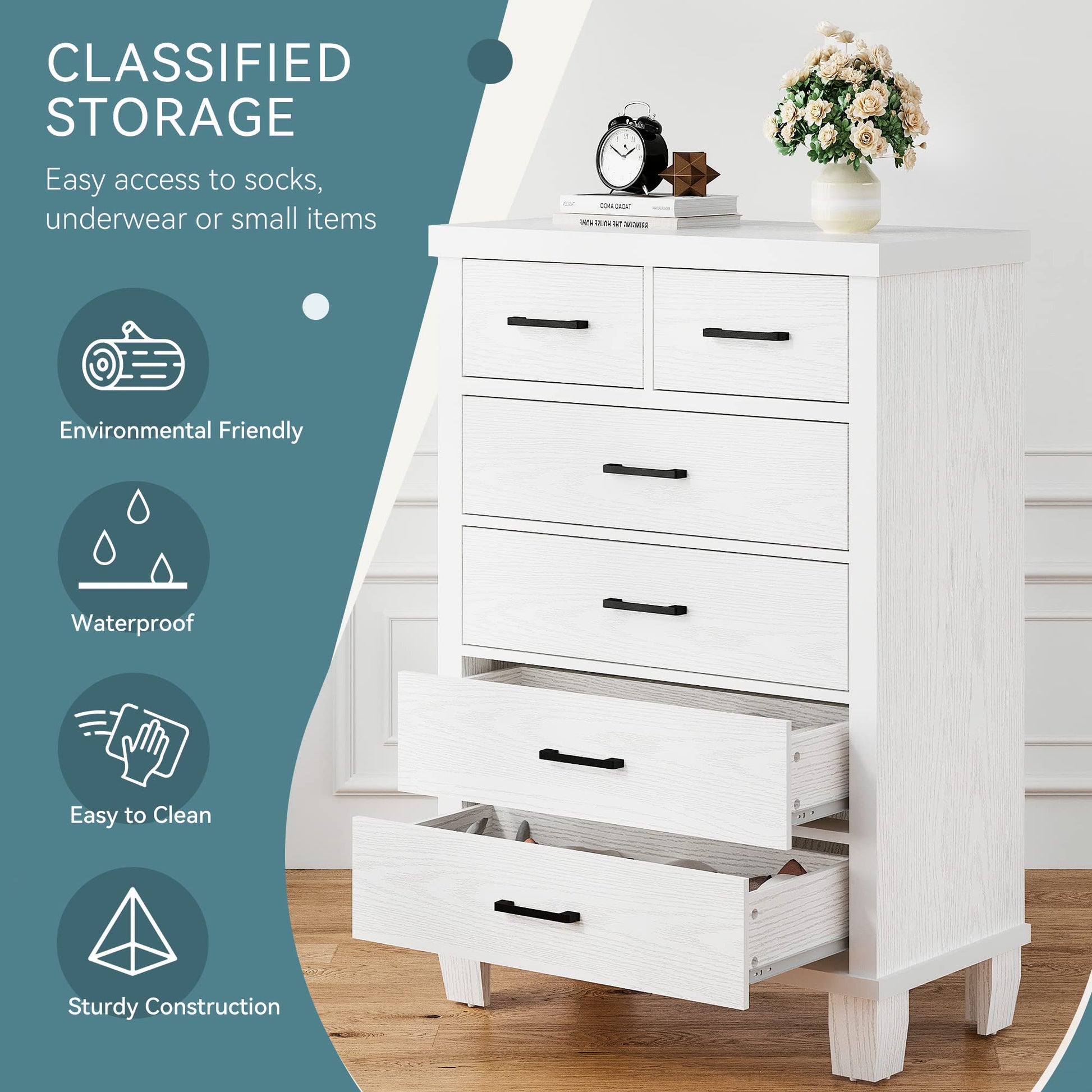 Garvee 6 Drawer Dresser with Metal Handles, White Chest of Drawers Closet Organizers and Storage Clothes, Wood Drawer Dresser for Closet, Living Room, Hallway, Kids Room - White