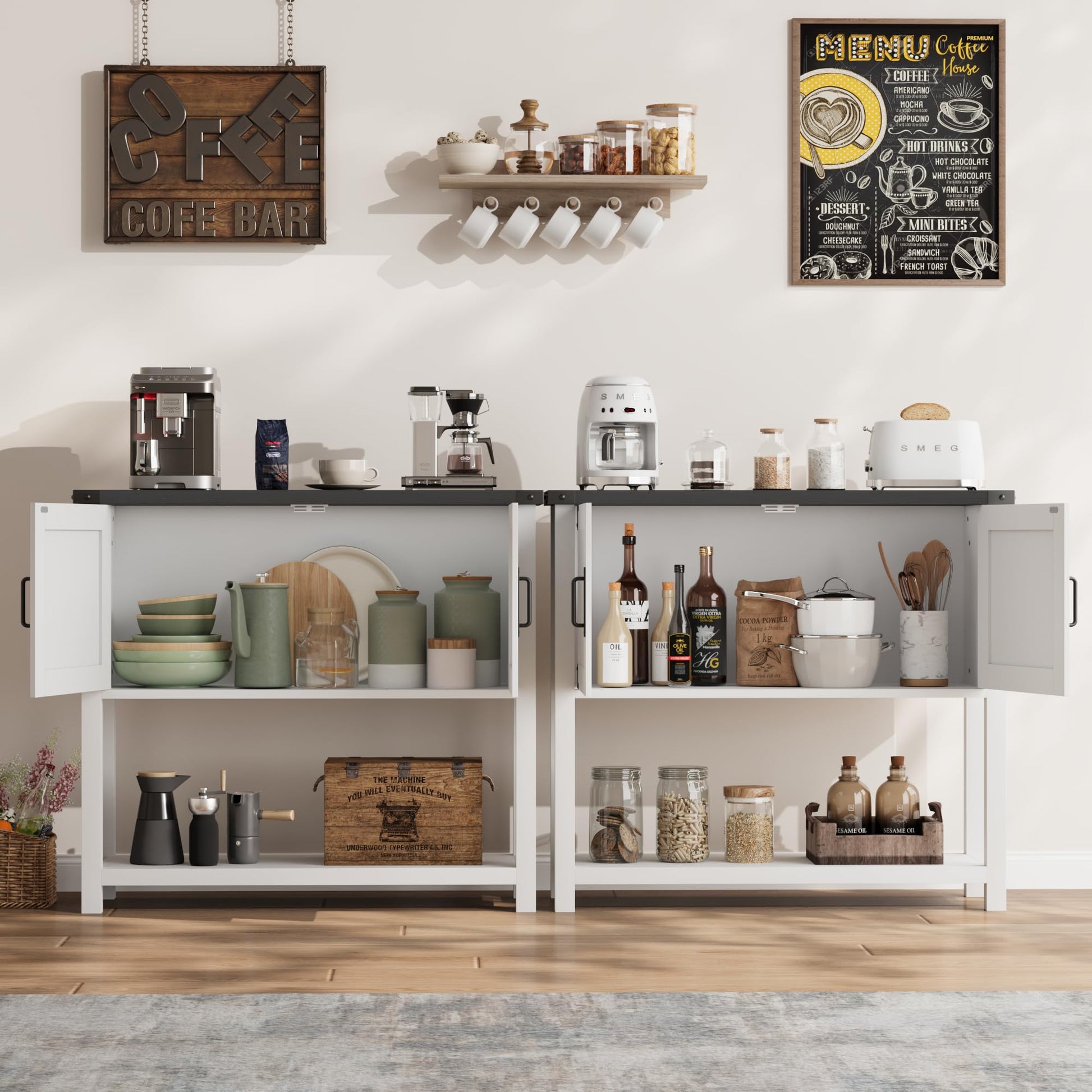 Garvee Farmhouse Entryway Table, Console Table with 2 Storage Cabinets, Coffee Bar Cabinet, Sofa Tables Buffet Sideboard for Kitchen, Hallway, Dining, Living Room-White