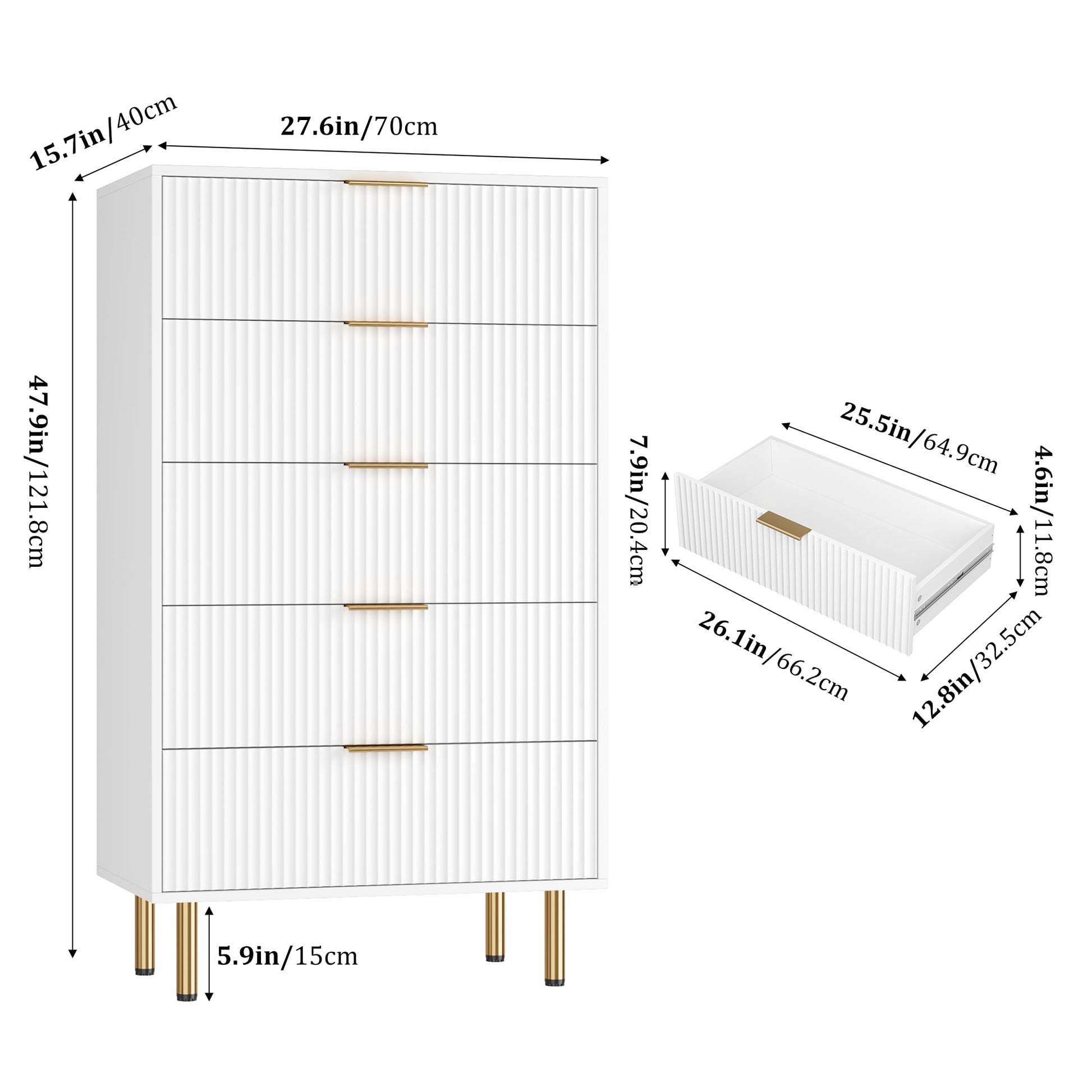 Garvee 5 Drawers Dresser for Bedroom, Fluted Dresser Chest of Drawers with Handle, Wood Modern Dressers for Closet, Bedroom Furniture Storage Organizer for Living Room, Hallway, White