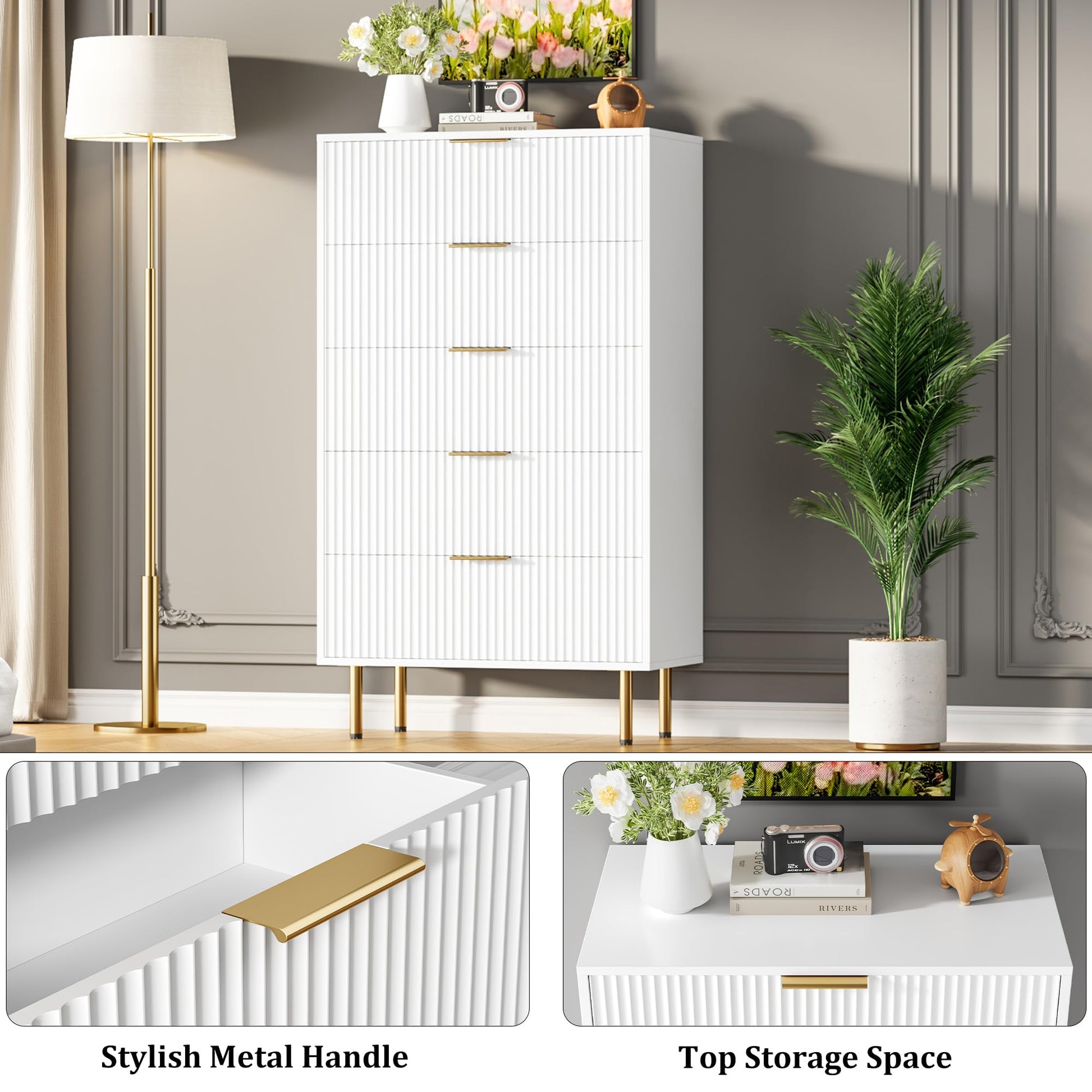 Garvee 5 Drawers Dresser for Bedroom, Fluted Dresser Chest of Drawers with Handle, Wood Modern Dressers for Closet, Bedroom Furniture Storage Organizer for Living Room, Hallway, White