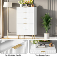 Garvee 5 Drawers Dresser for Bedroom, Fluted Dresser Chest of Drawers with Handle, Wood Modern Dressers for Closet, Bedroom Furniture Storage Organizer for Living Room, Hallway, White