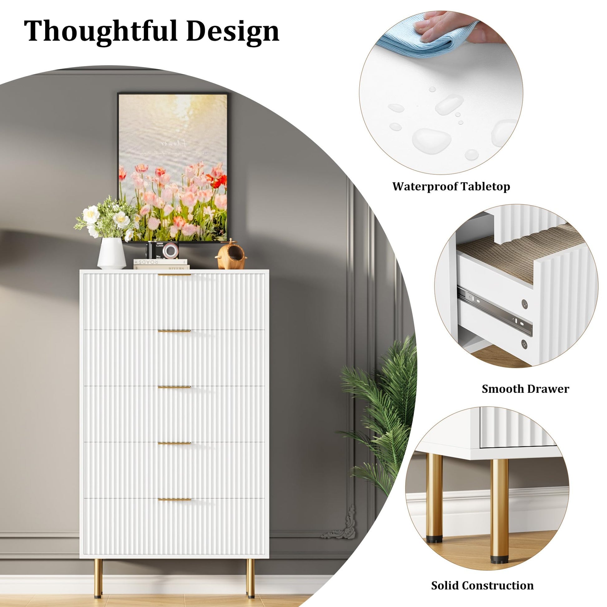 Garvee 5 Drawers Dresser for Bedroom, Fluted Dresser Chest of Drawers with Handle, Wood Modern Dressers for Closet, Bedroom Furniture Storage Organizer for Living Room, Hallway, White