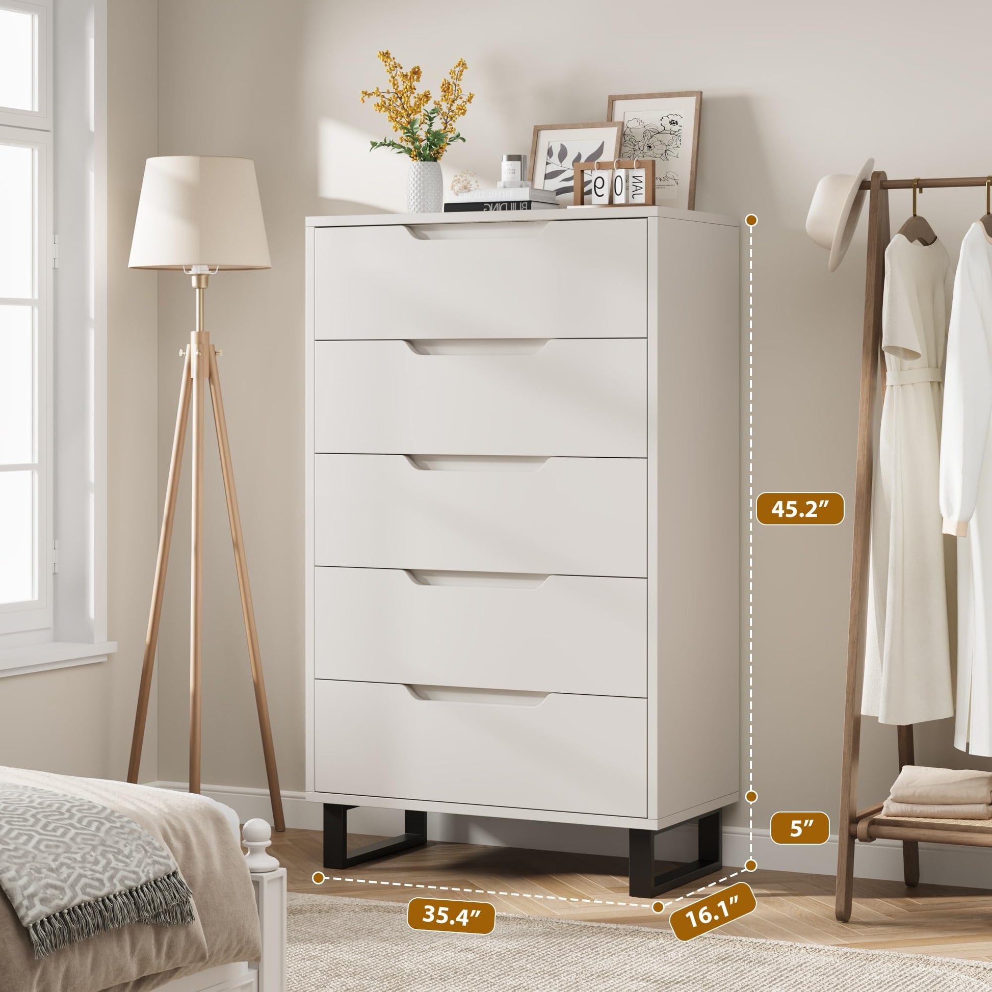 Garvee Wooden Tall Dresser with 5 Drawers, Freestanding Vertical Drawer, Wooden Closet Chest Storage for Bedroom, Living Room, Hallway, Entryway, White