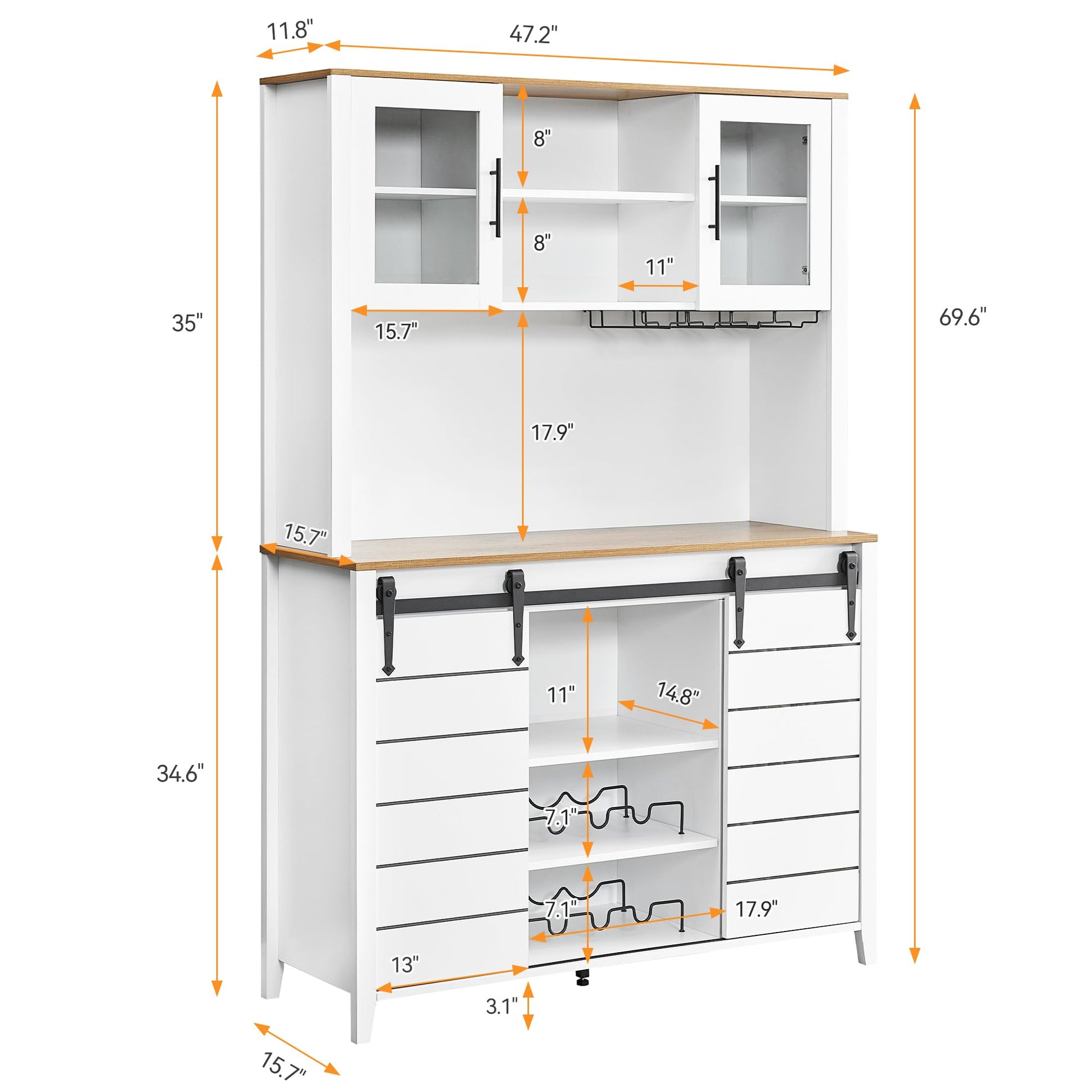 Garvee 70'' Wine Coffee Bar Cabinet with Storage Hutch, Tall Kitchen Pantry Liquor Cabinet with Sliding Barn Doors, Bottle Glasses Rack, Farmhouse Buffet for Home Dining Room, White