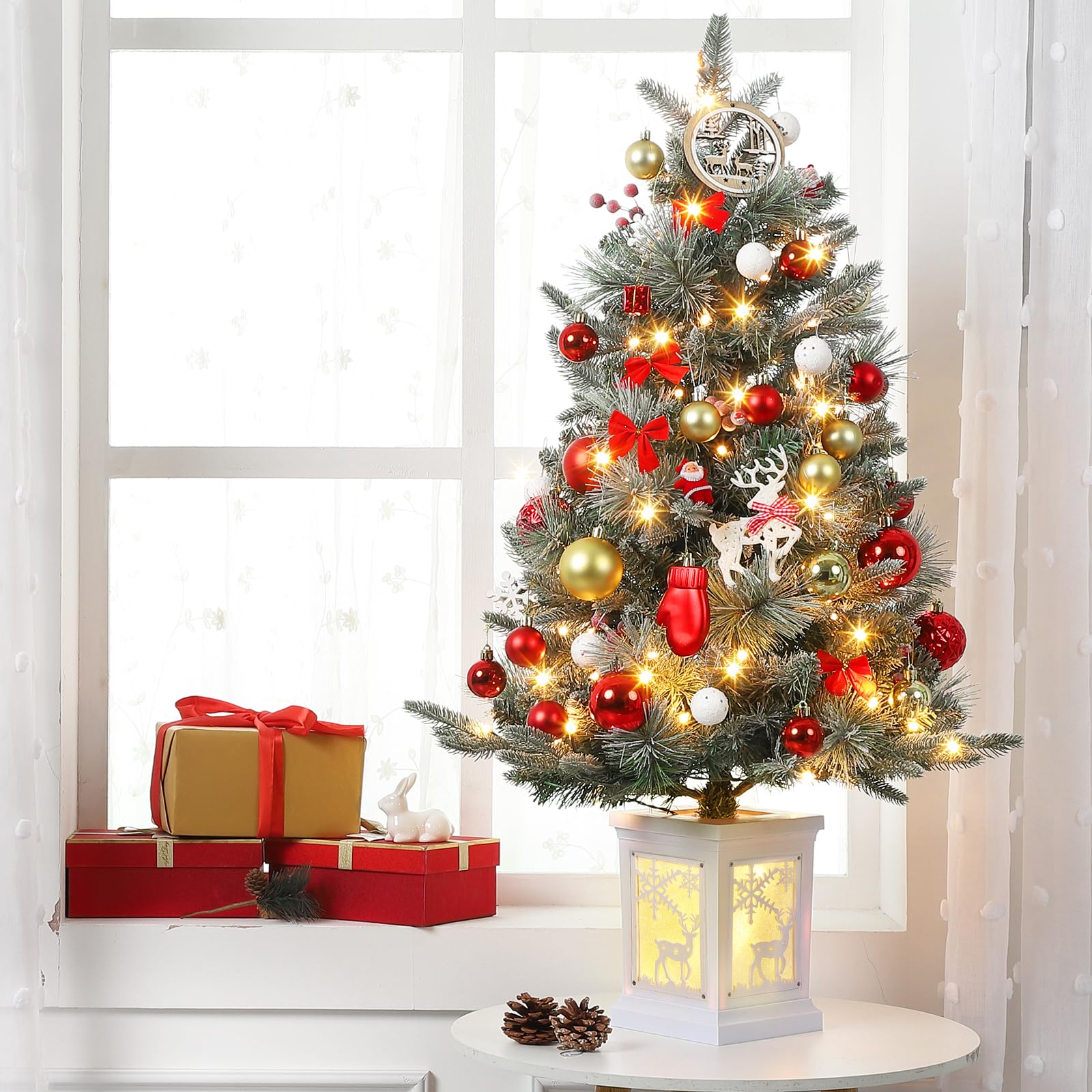 Garvee 3ft Pre-Lit Christmas Tree, Artificial Christmas Trees with Lighting Elk Base, Mini Christmas Trees with 78 LED Lights, Battery Operated and Timer Function, Xmas Decoration for Home