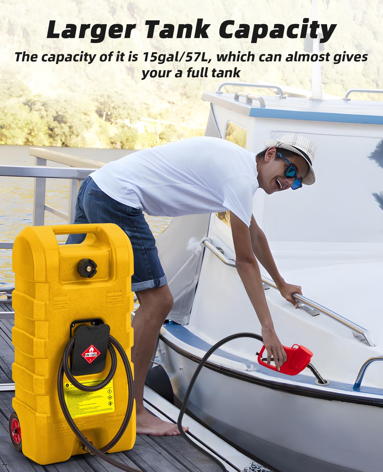 Garvee 2-Pack 15 Gallon Portable Fuel Caddy with Manual Pump - Heavy-Duty Fuel Transfer Tank with Storage Toolbox, 10FT Delivery Hose, Mobile Gas Caddy for Cars, Lawn Mowers, and Boats, Yellow + Red