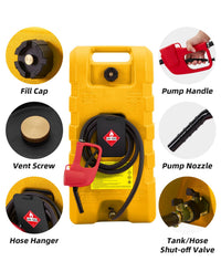 Garvee 2-Pack 15 Gallon Portable Fuel Caddy with Manual Pump - Heavy-Duty Fuel Transfer Tank with Storage Toolbox, 10FT Delivery Hose, Mobile Gas Caddy for Cars, Lawn Mowers, and Boats, Yellow + Red
