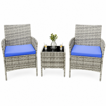 Garvee All-Weather PE Rattan Patio Bistro Set, 2 Cushioned Chairs, Tempered Glass Table, Peacock Blue Cushion