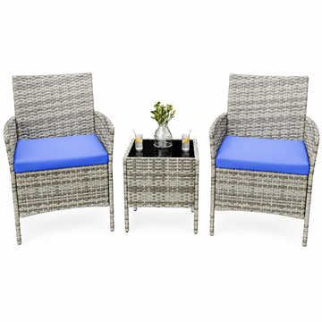Garvee All-Weather PE Rattan Patio Bistro Set, 2 Cushioned Chairs, Tempered Glass Table, Peacock Blue Cushion