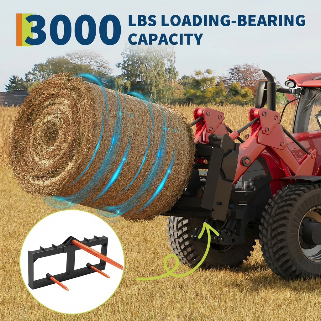 Garvee Heavy Duty 49" Hay Spear Attachment for Skid Steer/Tractor - 3000lbs Capacity, Quick Attach Spike Fork, 1x 49" Spear & 2x 17" Stabilizers, Durable Farm Equipment - Orange Spear + Orange Short Spear