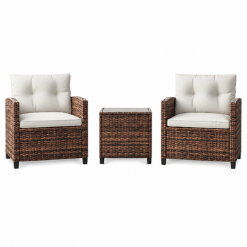 Garvee 3-Piece PE Rattan Patio Conversation Set, Outdoor Wicker Chairs with Cushions & Tempered Glass Table, Brown & Beige