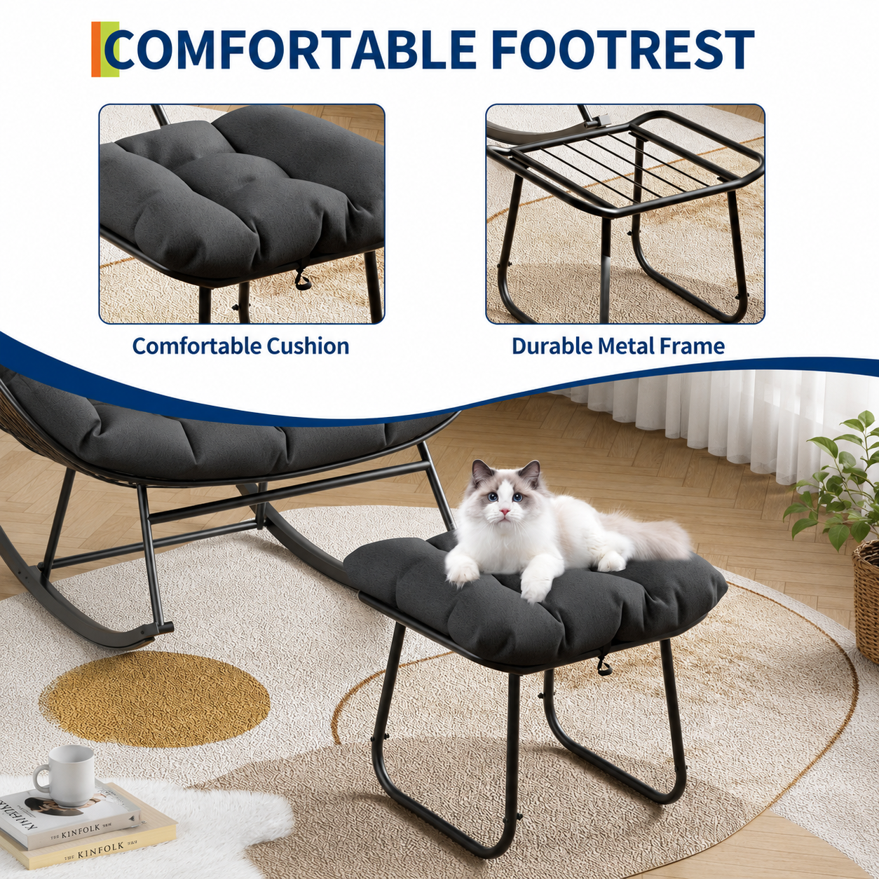 Garvee Papasan Rocking Chair with Footrest, 400 lbs Indoor Outdoor Lounge Rocker with Thick Cushion & Ottoman for Patio, Balcony, Porch & Bedroom, Dark Gray