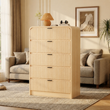 Garvee Fluted Tall Dresser 5 Drawer Mid-Century Modern Rounded Edge Walnut Wood Soft-Close Drawers Bedroom Living Room - Oak