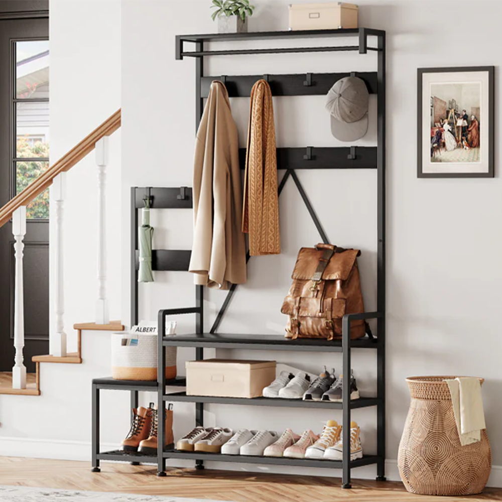 Garvee Hall Tree With Bench and Shoe Storage Parent-Child Coat Rack Shoe Bench Industrial Coat Tree Entryway Large Organizer With Shoe Rack, Storage Cubbies, Hooks, and Top Shelf Black
