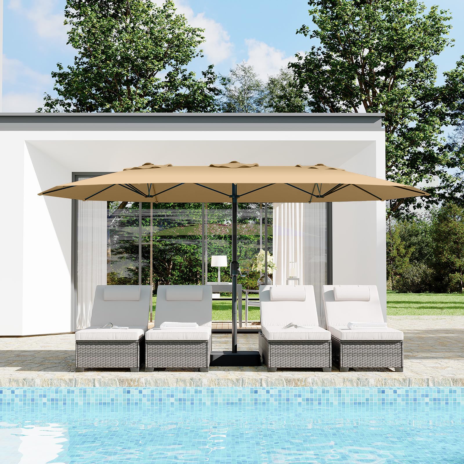 Garvee 15' Large Patio Umbrella with Base, Outdoor Double-Sided Rectangle Market Umbrella Outside Umbrellas for Poolside Lawn Backyard, Beige