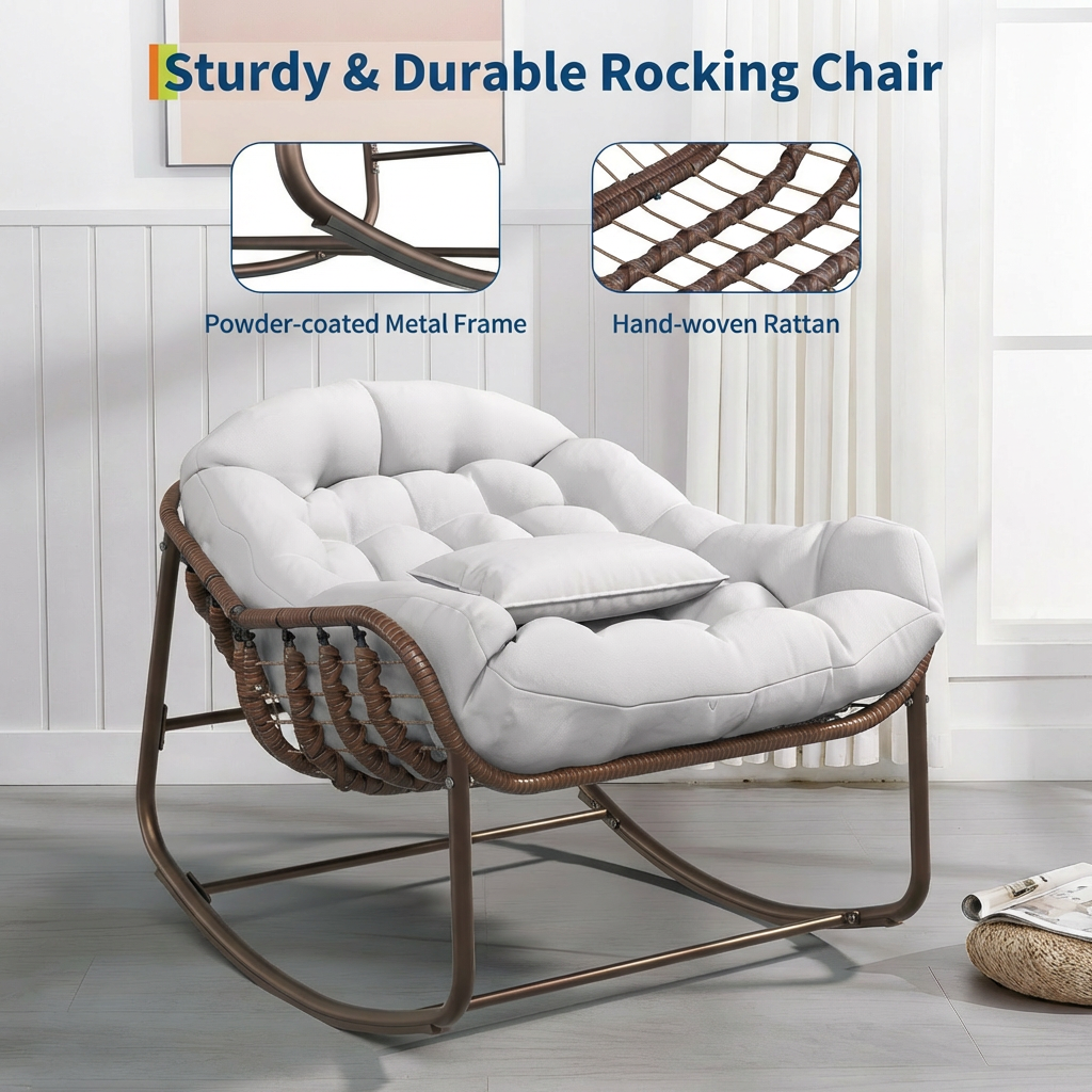Garvee Oversized Papasan Rocking Chair Wicker Lounge with Cushion, Weather-Resistant Metal Frame Ergonomic Sway Reinforced Steel Frame for Indoor, Outdoor Balcony, Backyard, White