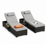 Garvee Set of 2 Outdoor Chaise Lounge Chairs with Side Table, PE Rattan Recliners with 6-Position Backrest & Blue Cushions for Poolside Patio - Brown Four-line Rattan + Gray Cushion