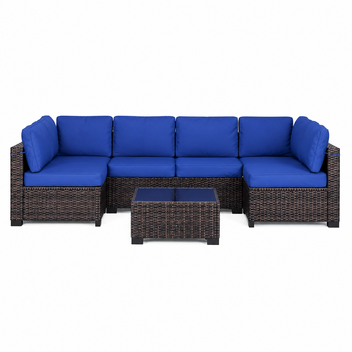 Garvee 7-Piece Outdoor Patio Sectional Sofa, All-Weather PE Wicker Conversation Set with Cushions & Glass Coffee Table for Patio, Porch, Garden, Poolside, Brown + Navy Blue