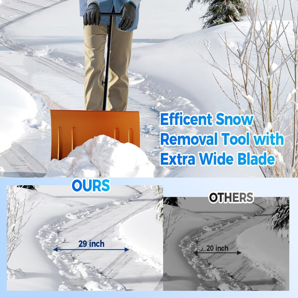 Garvee 29"W X 20"H Snow Shovel with Wheels for Driveway, 20" Wide Adjustable Snow Pusher with 5-Position Angle & Height Handle, Ergonomic Back-Saving Snow Removal Tool for Sidewalks, Yards & Patios - Orange