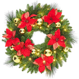 Garvee 24" Artificial Christmas Wreath with 50 Warm LED Lights, Frosted Pine Cones & Berries, Flame-Retardant, Pre-Lit, Indoor Outdoor Holiday Decor - Red and Gold