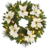 Garvee 24 Inch Artificial Christmas Wreath with 50 Warm White LEDs, Frosted Pine & Pine Cones, Weather-Resistant, Easy Hang - Indoor Outdoor Decor - Gold