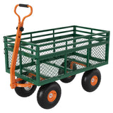 Garvee Steel Garden Cart Utility Wagon with 10" Wheels, 1400 Lbs Capacity, Removable Sides, 180° Rotating Handle, Heavy-Duty Steel, Green/Orange, Outdoor Use - Green