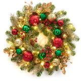 Garvee 16 Inch Prelit Christmas Wreath for Front Door, Artificial Xmas Wreath with Red Green Gold Ball Ornaments 30 Led Lights Battery Operated for Indoor Outside Fireplace Window Decor