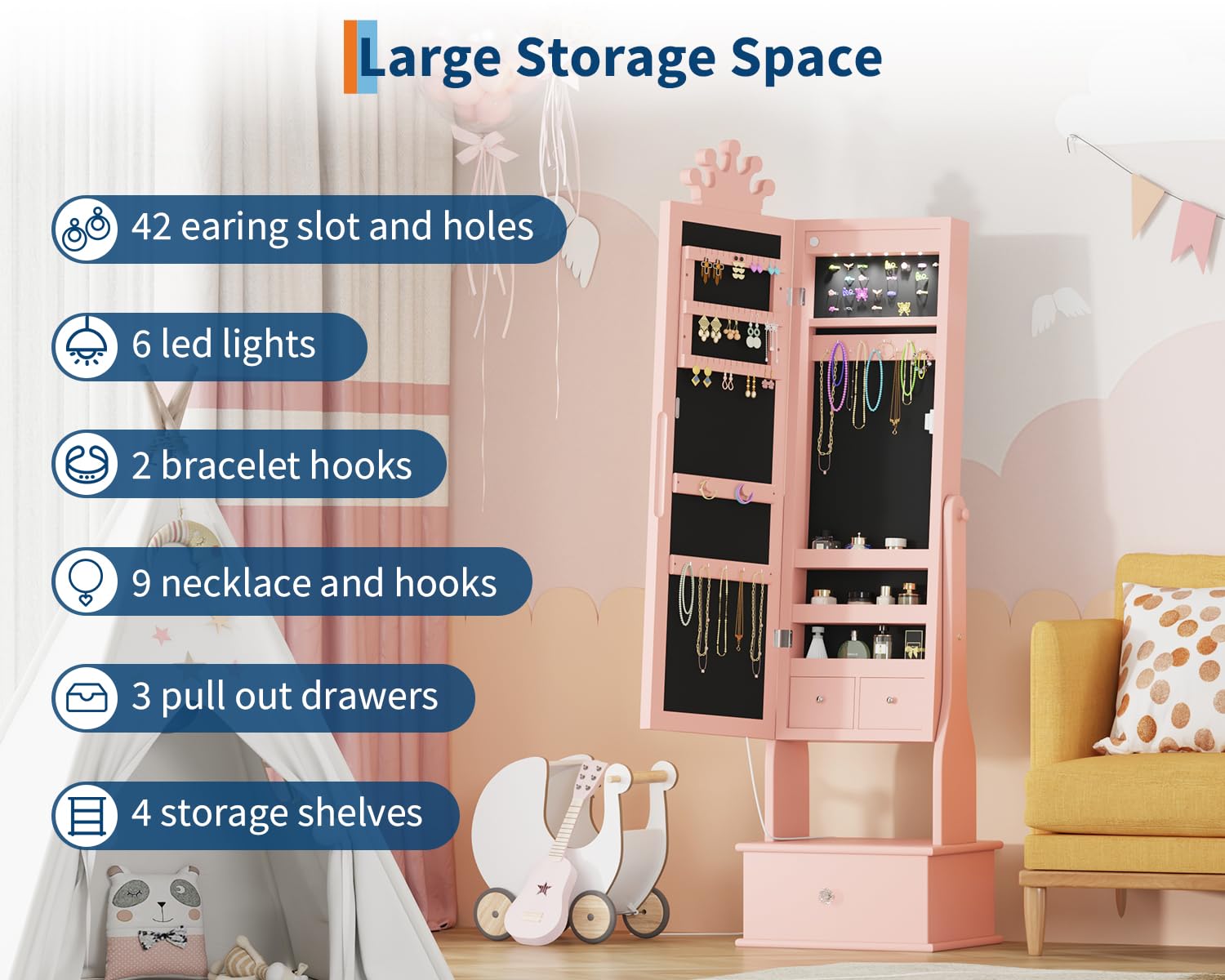 Garvee Freestanding Jewelry Armoire Cabinet with Led Light, Full-Length Mirror and 3 Storage Drawers for Girls, Pink
