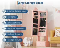 Garvee Freestanding Jewelry Armoire Cabinet with Led Light, Full-Length Mirror and 3 Storage Drawers for Girls, Pink