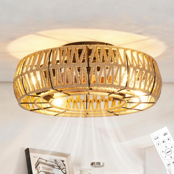 Garvee Rustic Caged Ceiling Fan with Light - 20 Inch Flush Mount Fandelier - Handwoven Industrial Fiber Rope Design - 6-Speed Reversible, Controller Operated - Ideal for Living Room, Bedroom, Kitchen