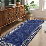 Garvee Bordered Dark Blue 2x6 Washable Runner Rug - Soft, Non-Slip, Stain Resistant Carpet for Hallways, Entryway, Bedroom - Dark Blue